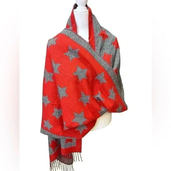 CAbi Vega Black & Red Houndstooth Star Fringe-Trim Scarf - Picture 2 of 3